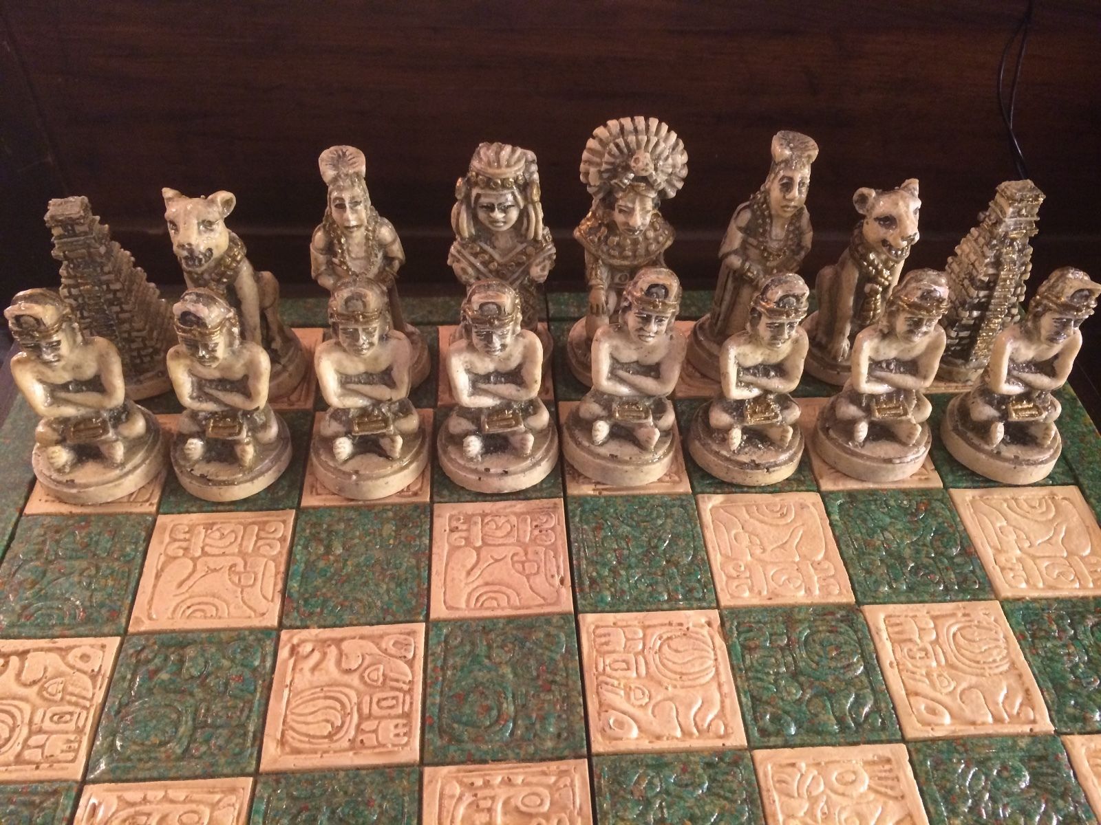 Antique Wood and Stone Mayan/Mexican Chess Set